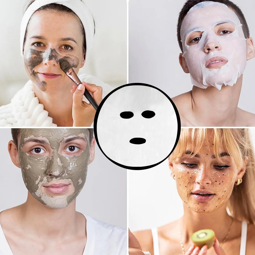 Collage showing women applying various facial masks, with a central icon of a white disposable paper facial mask.