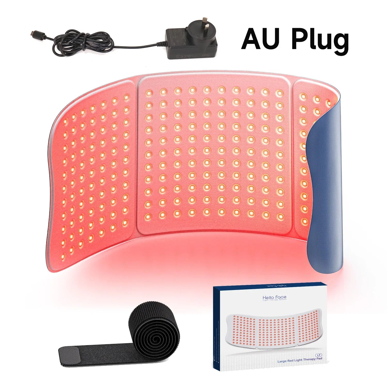 Flexible, three-panel red light therapy mat with 792 LEDs, AU power adapter, Velcro strap, and product packaging.