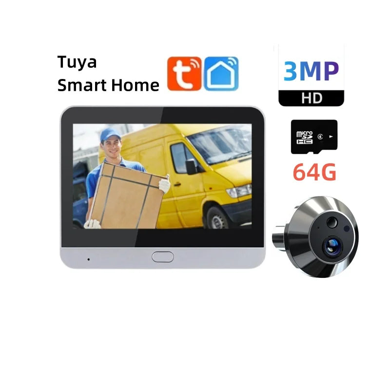 Peephole video door camera kit with monitor screen, outdoor module, and microSD card