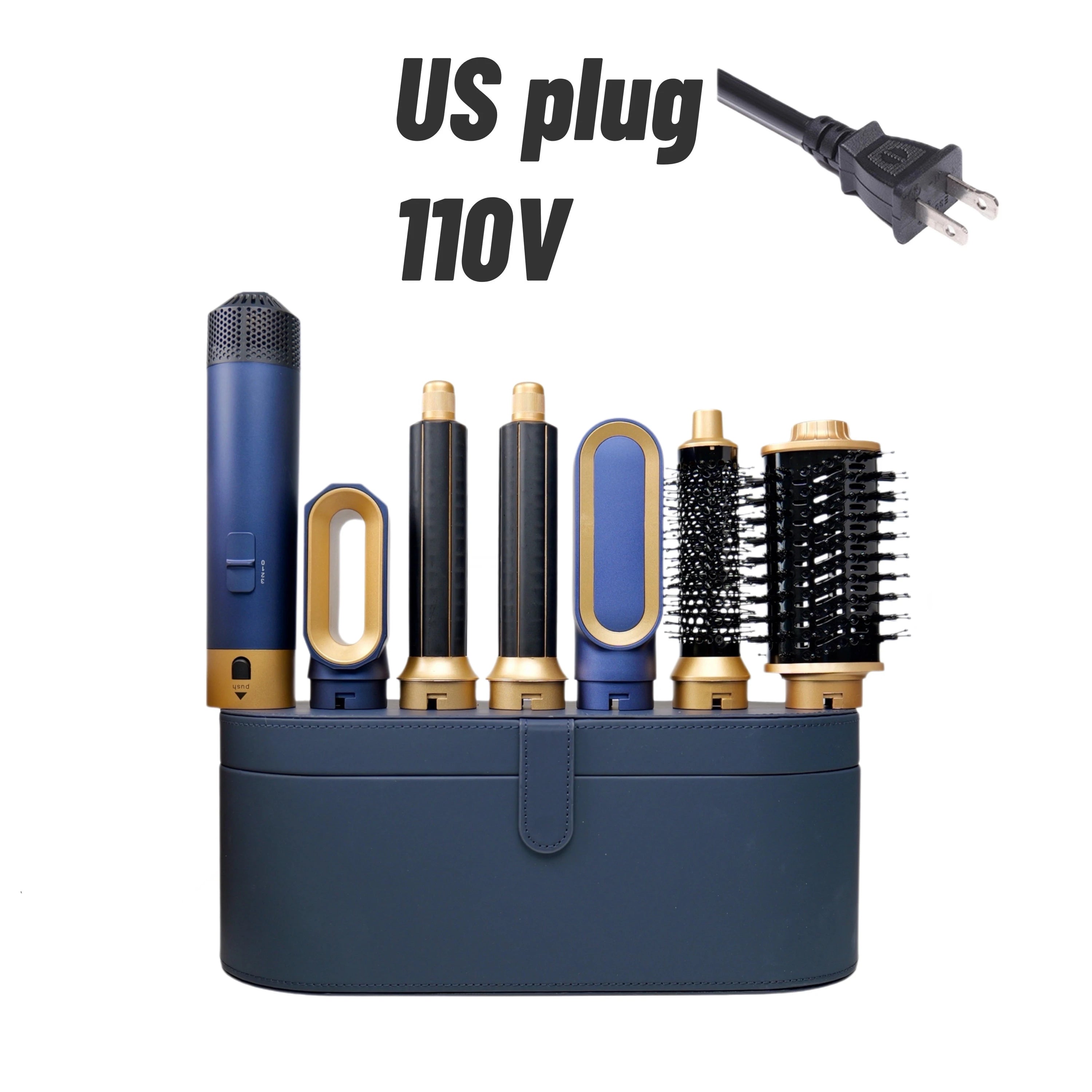 Blue and gold 6-in-1 hair dryer styler set with curling barrels, hot air brush, and case, 110V US plug.
