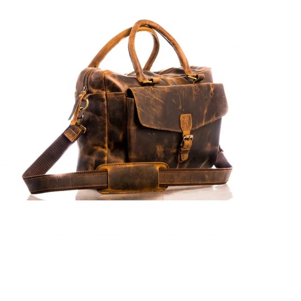 Large brown PU leather travel duffle bag with crossbody strap, top handles, and front buckled pocket for luggage.