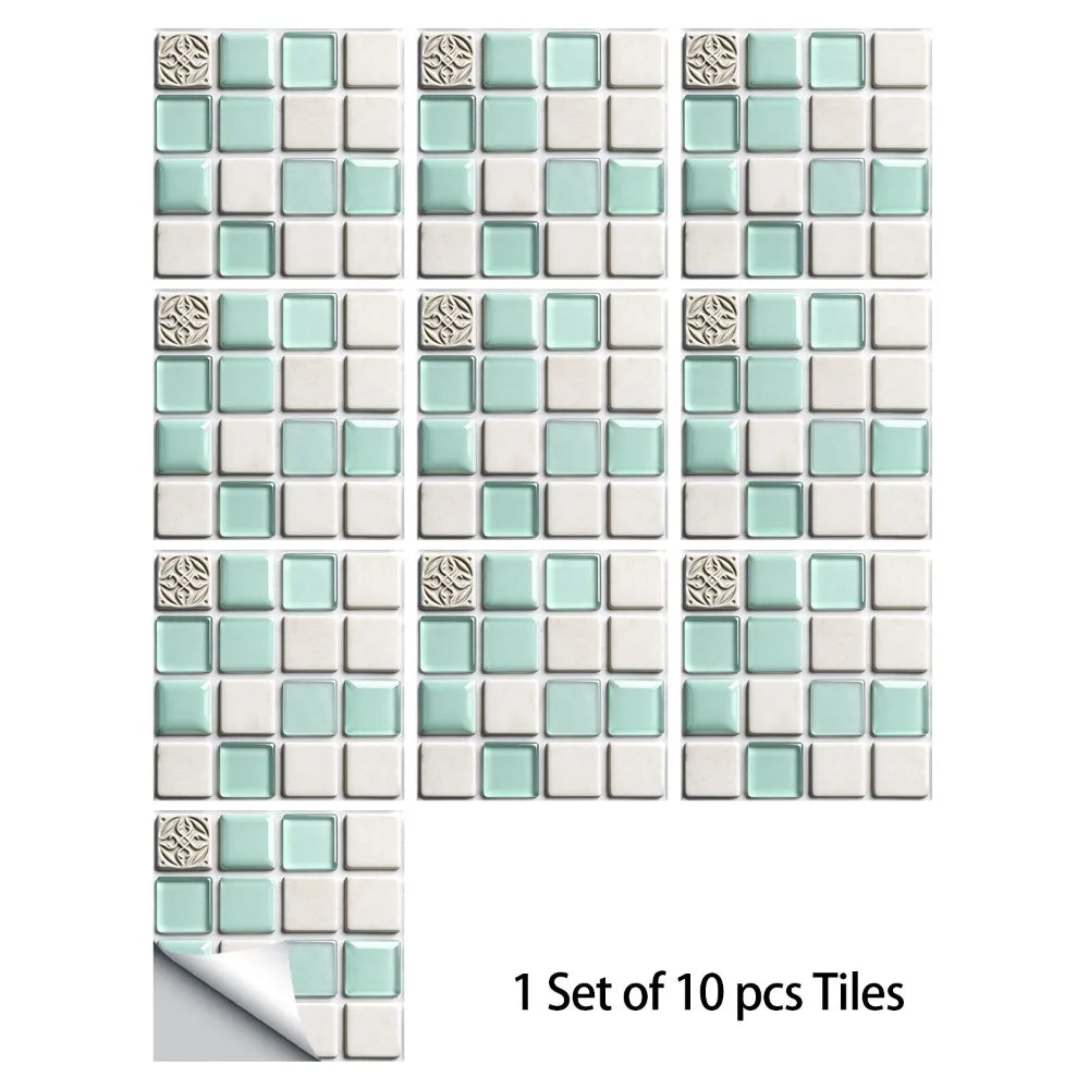 Peel-and-stick tile sticker set with mint mandala accents, 10 pcs