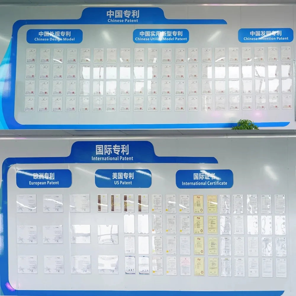 Wall display featuring rows of framed Chinese and international patent and invention certificates on a blue-bordered