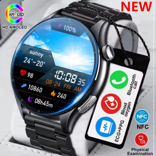 Smartwatch with black metal strap and round AMOLED display showing health stats and time