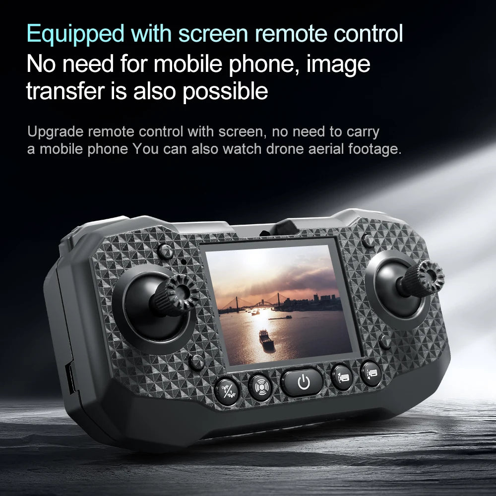 Black drone remote controller with built-in screen, joysticks, and textured grip for piloting and viewing live video.