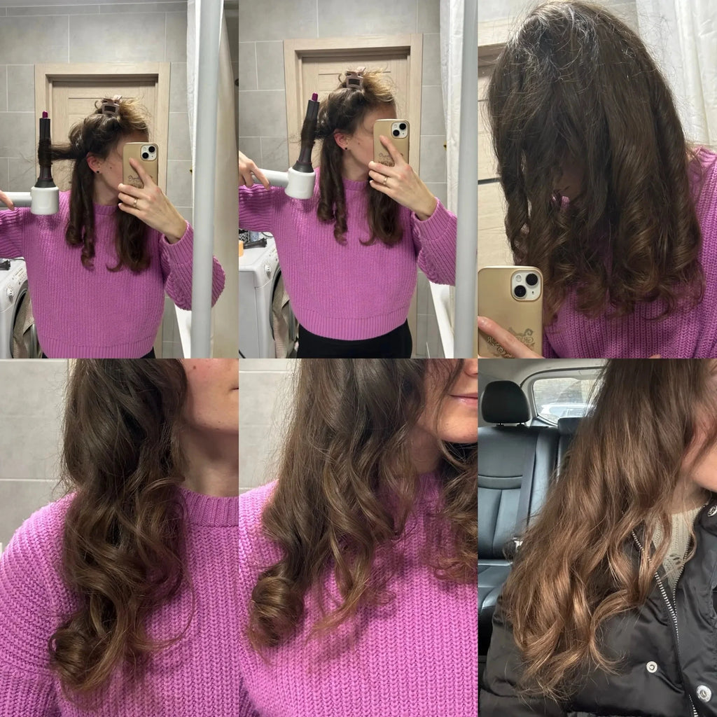 White SenCiciMen leafless hair dryer with curling attachment styling wavy hair in a mirror selfie salon experience.