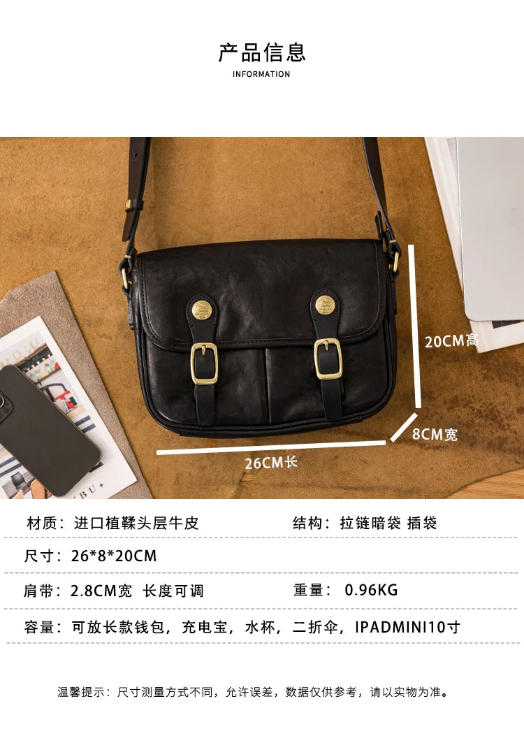 vintage designer handmade high-quality genuine leather men's messenger bag Outdoor casual cow leather work black shoulder bag