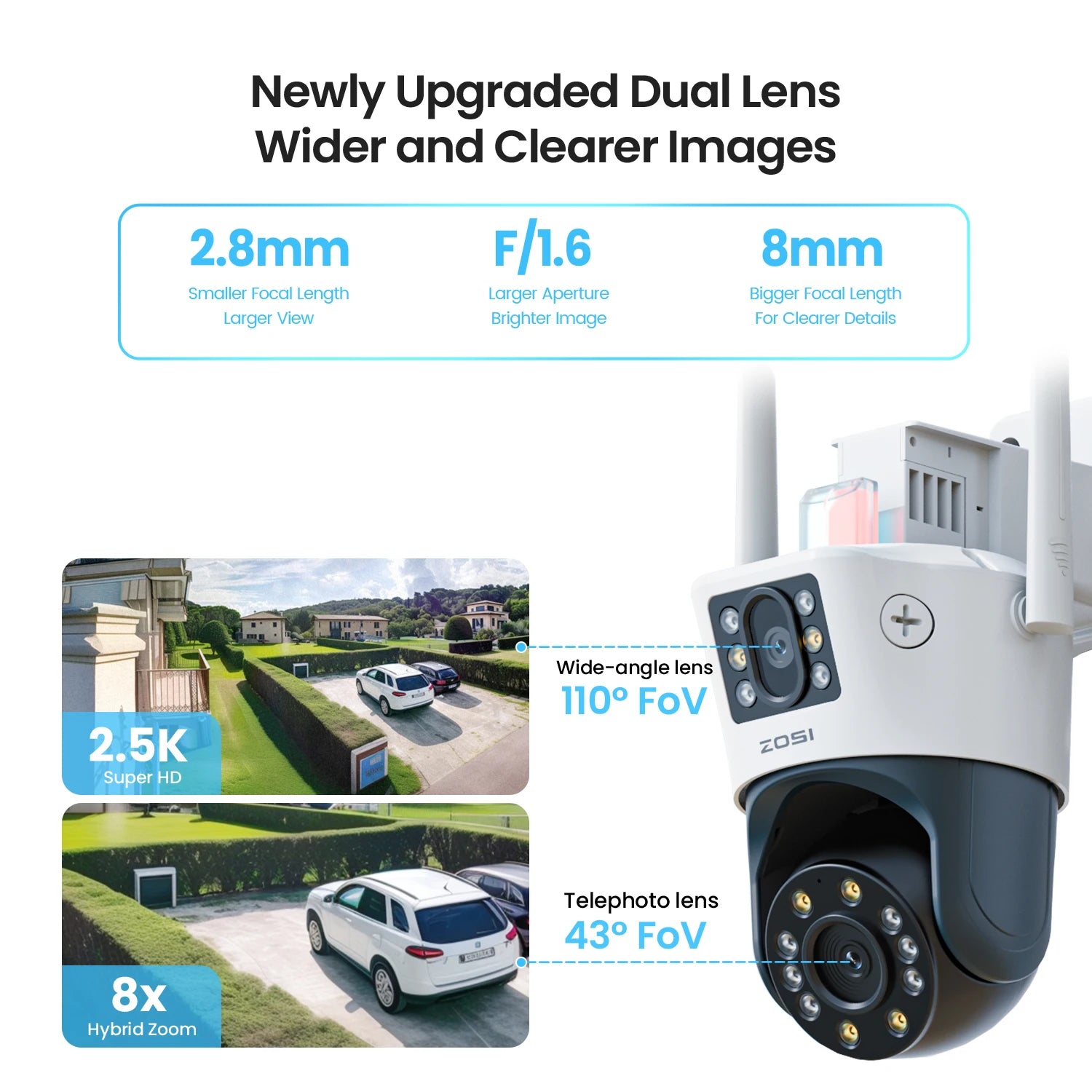 ZOSI C298 8MP/4MP Dual-Lens Wired WiFi PTZ Security Camera Outdoor Wide Angle 8X Hybrid Zoom AI Detection 360 Surveillane Camera