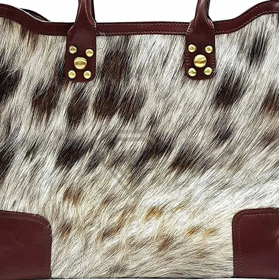 Luxurious Cowhide Leather Tote Bag Premium Handmade Cow Fur Shoulder Handbag Elegant Large Capacity Women Travel Satchel