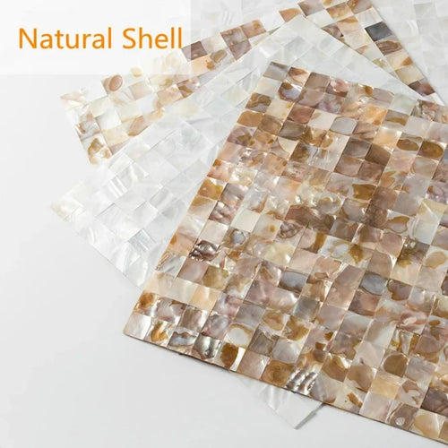 Mother-of-pearl shell mosaic tile sticker sheet with mixed cream, gold, and white squares