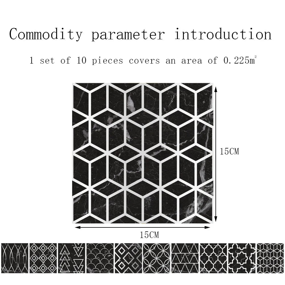 10pcs Crystal Tile Wall Stickers Self-Adhesive Kitchen Tiles PVC Backsplash Stickers Peel and Stick Bathroom Faux Stone Effect