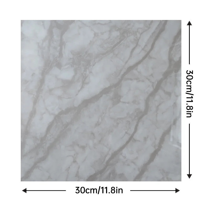 Peel-and-stick marble tile, light gray with cloudy white veining, square 30cm x 30cm