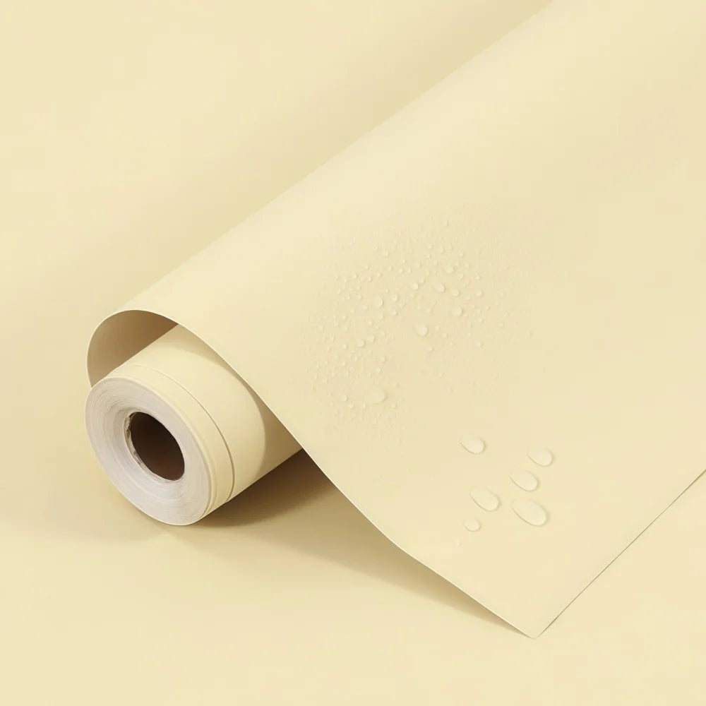 Self-adhesive waterproof vinyl wallpaper roll, cream yellow matte with raised water droplets