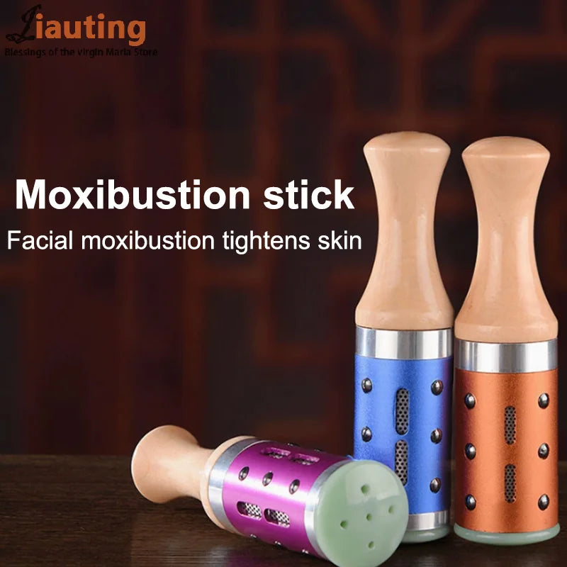 Warm jade facial moxibustion device with wooden handles, hot compress massage tools in purple, blue, and orange.