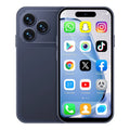 ONEMYTH A18 Pro dark blue 4-inch mini smartphone, front and rear views, Android display, triple camera lens design.