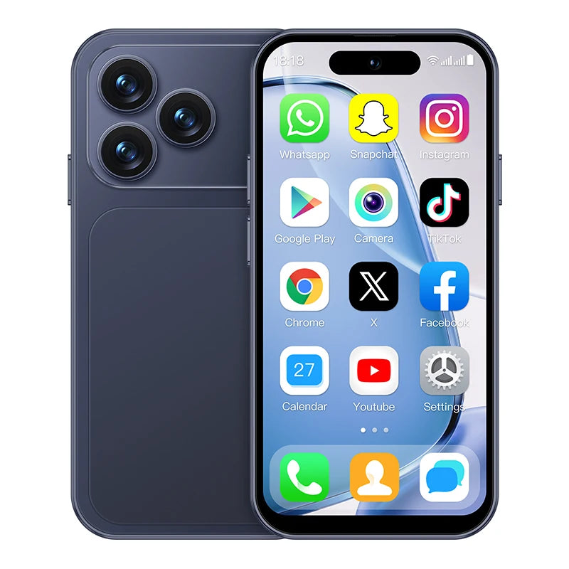 ONEMYTH A18 Pro dark blue 4-inch mini smartphone, front and rear views, Android display, triple camera lens design.