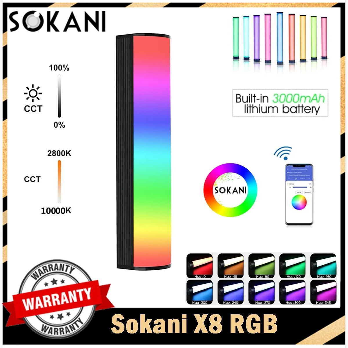 X8 RGB LED light wand with black casing, rainbow color-changing light, battery power, and smartphone app control.