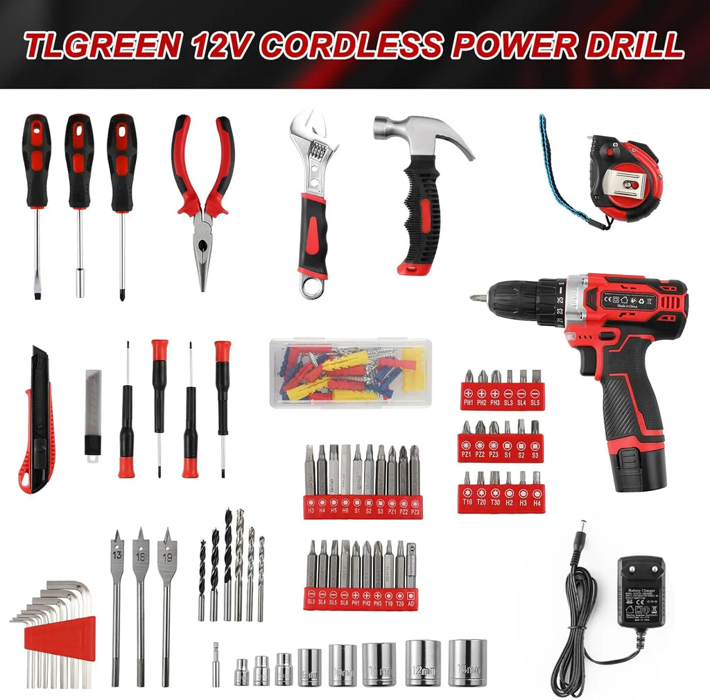 138-Tool Box with Cordless Screwdriver - Extensive Tool and Drill Set w/ 12V Electric Cordless Drill for Repairs and Maintenance