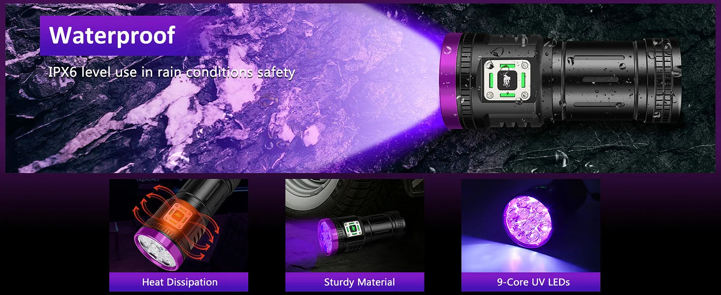 120W waterproof UV flashlight with 9-core LEDs for detecting pet urine stains, featuring USB recharge and sturdy design.
