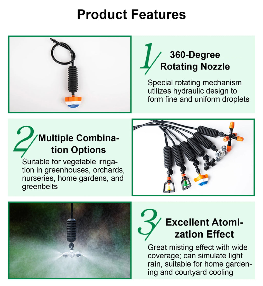 10 Pack Mist Nozzle Kit 360° Rotating Hanging Irrigation Nozzles Greenhouse Cooling Mist Spray Garden Water System Agriculture