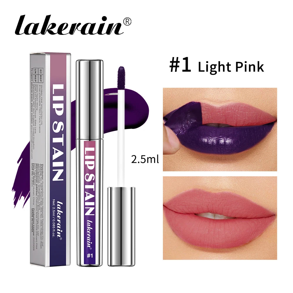 Lakerain peel-off matte lip stain in #1 Light Pink, a waterproof, long-lasting liquid lipstick with applicator.