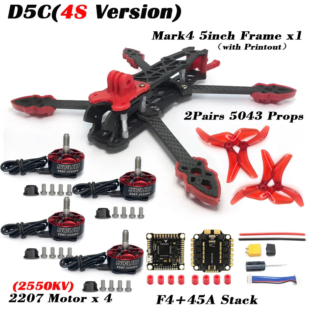 5 Inch FPV Racing Drone Kit - Carbon Fiber Frame 6S Performance D5C 4S Version Tidesmit