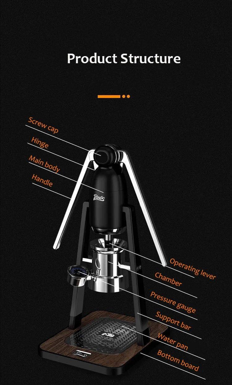 Binco manual espresso maker with pressure gauge, chrome steel chamber, black frame, and wooden base product diagram.