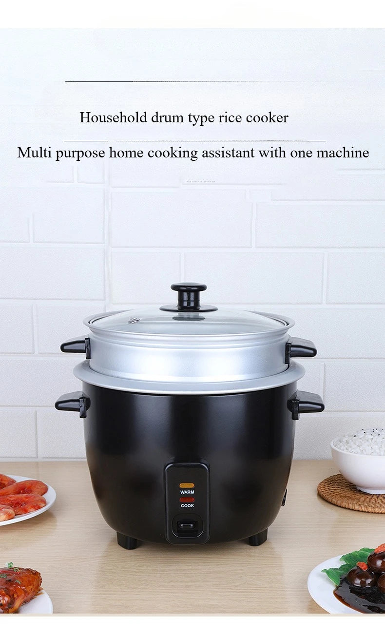 Multi-purpose mini rice cooker with clear lid and black body on base feet