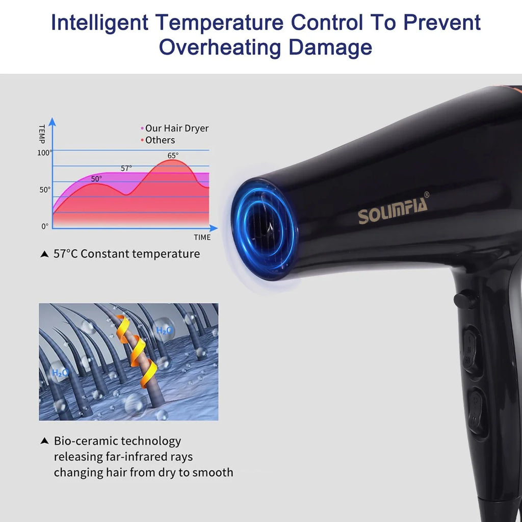 Black professional hair dryer with 57°C constant temp control, bio-ceramic far-infrared technology for smooth hair.