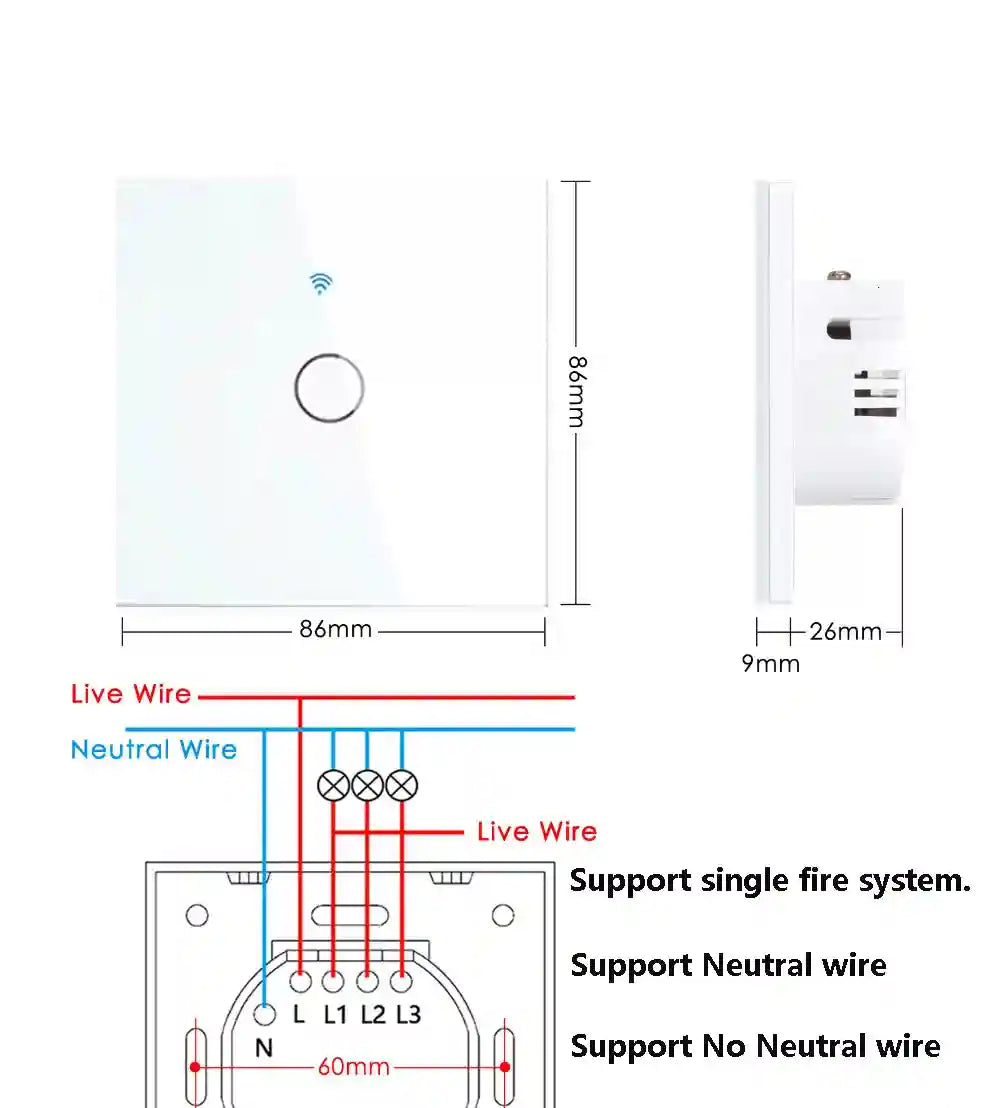 WiFi Smart Light Switch No Neutral Wire - 1, 2, or 3 Gang Options Tidesmit