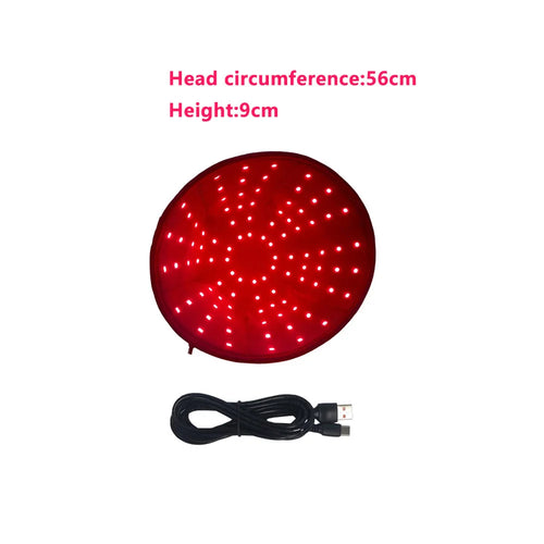 Round red light therapy LED hat device for scalp wellness, 56cm circumference, includes USB power cable.