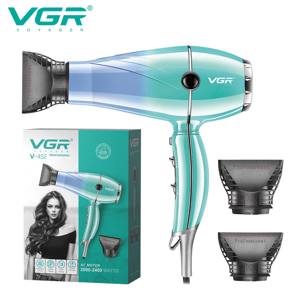 VGR V-452 professional negative ion hair dryer, 2400W, blue-green gradient design with 2 styling concentrator nozzles.