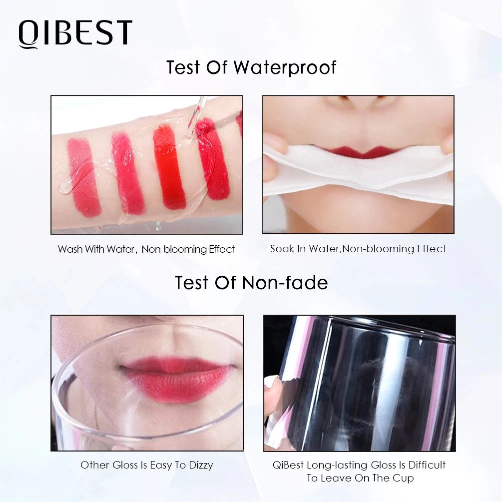 QiBest waterproof matte liquid lipstick swatches and long-lasting non-fade lip makeup test on skin and lips.