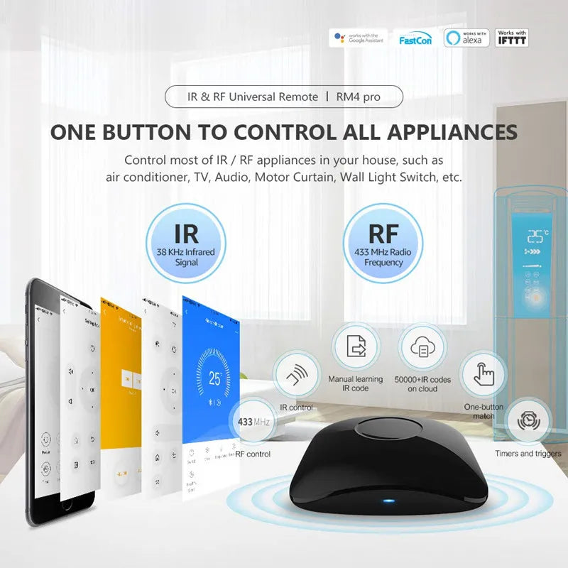 New BroadLink RM4 Pro Universal Remote Control Add HTS2 RF Controller IR Switch Smart Home Works Alexa Google Assistant