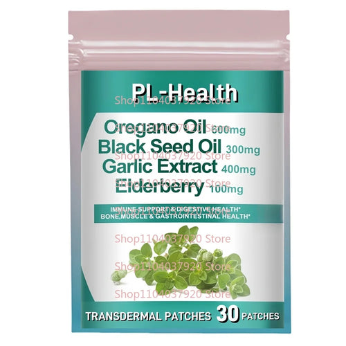 PL-Health elderberry supplement 100mg transdermal patches (30 count) in a teal and pink pouch for immune support.
