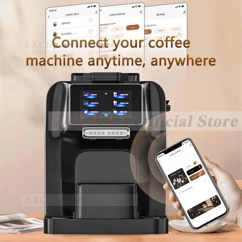 Black smart espresso coffee machine with touchscreen and app remote control connectivity by LXCHAN.