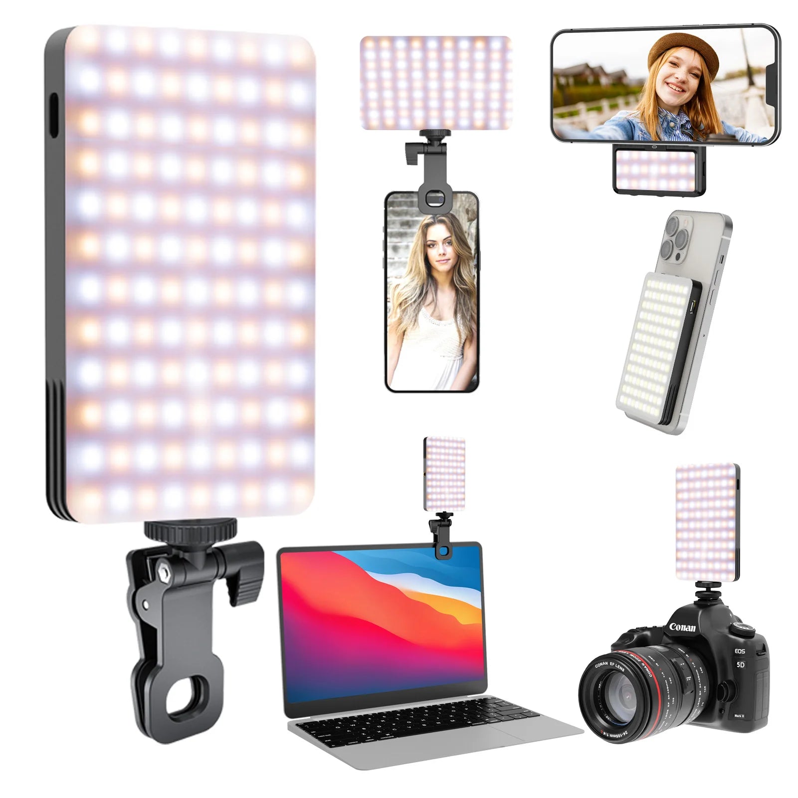 Rectangular LED video light with adjustable clip for mounting on smartphones, laptops, and cameras.