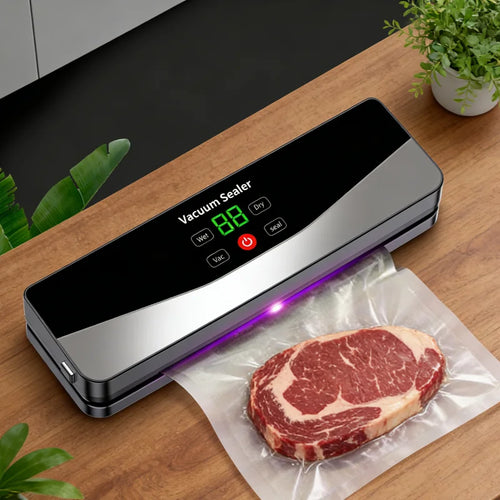 Grey vacuum sealer with touch buttons and countdown display, purple sealing bar, with meat bag