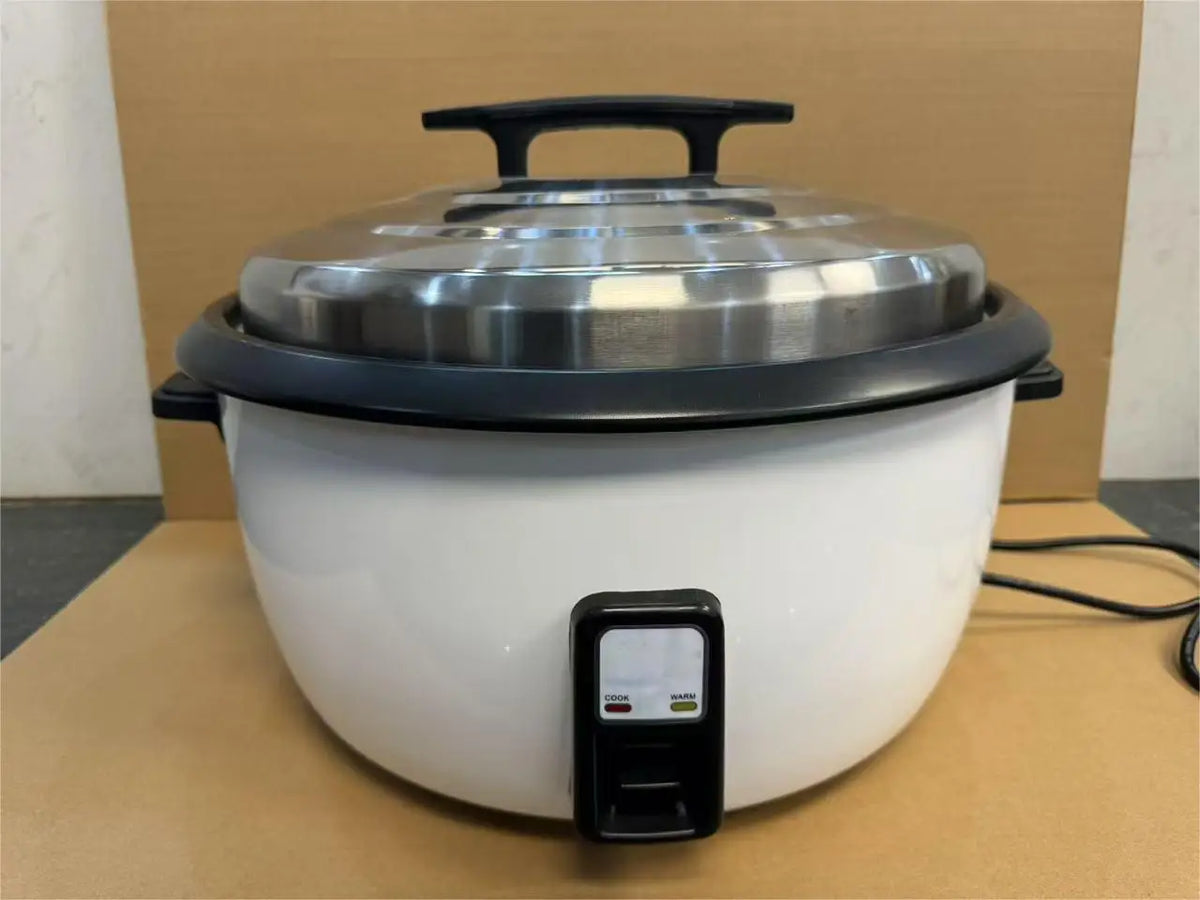 Commercial electric rice cooker with black side handle, front control box, and lid