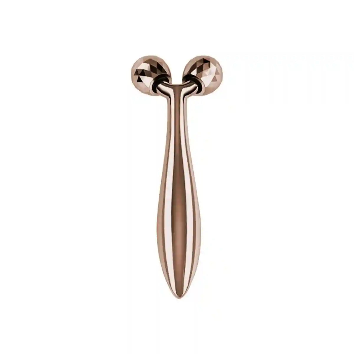 Rose gold Y-shaped facial massager with two faceted, rotating spherical rollers on a sleek, metallic handle.