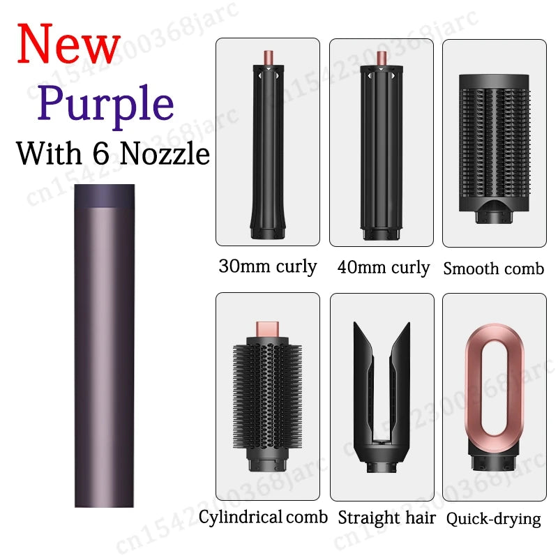 Purple 6-in-1 hot air hair styler with curling barrels, smooth brush, and dryer nozzle for curly or straight styling.