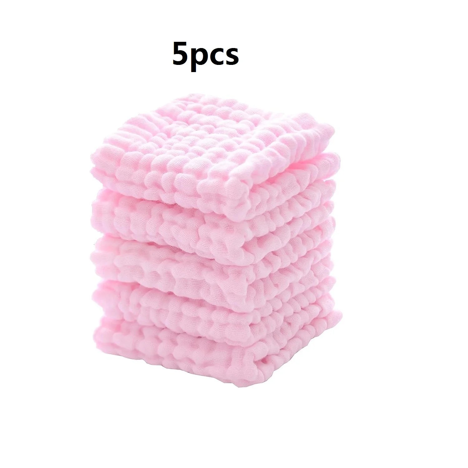 Set of 5 soft pink cotton baby washcloths for gentle skincare and bath time.