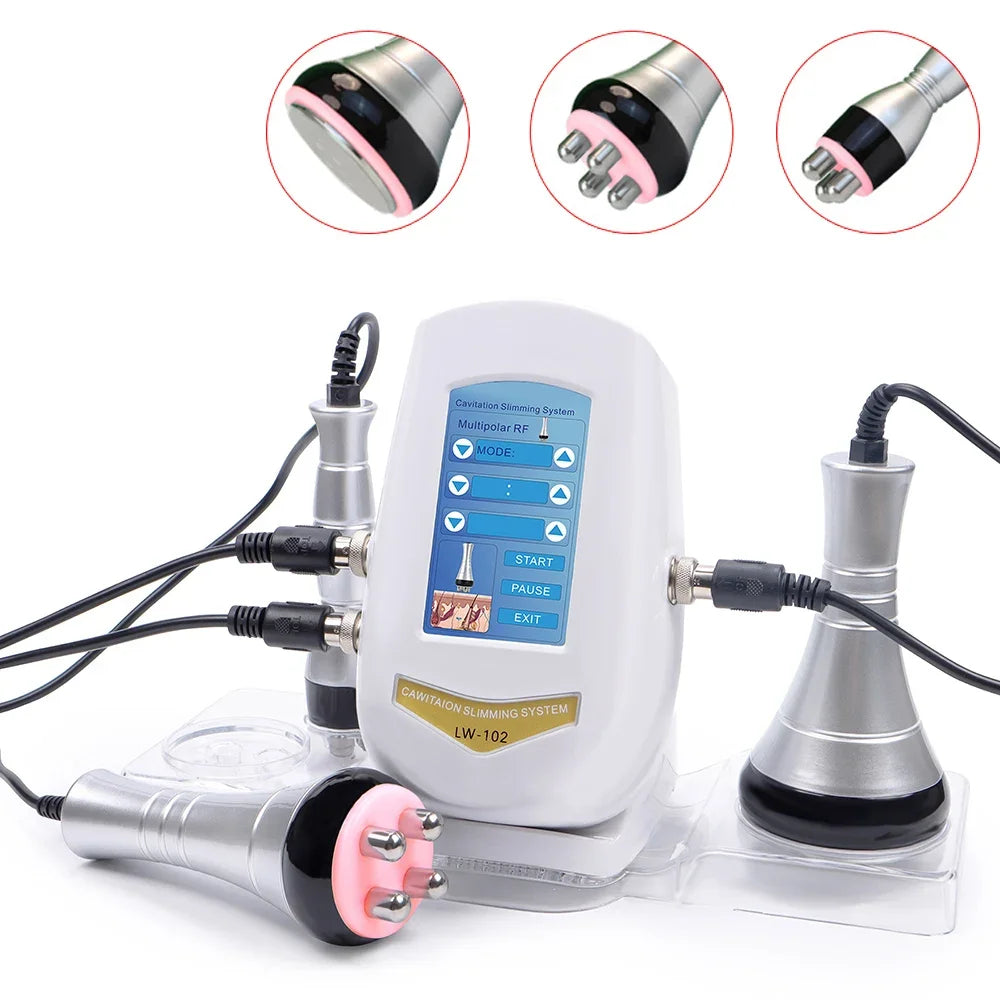 White 40k cavitation slimming machine with multiple silver and black probe heads, digital display, and connected cables.