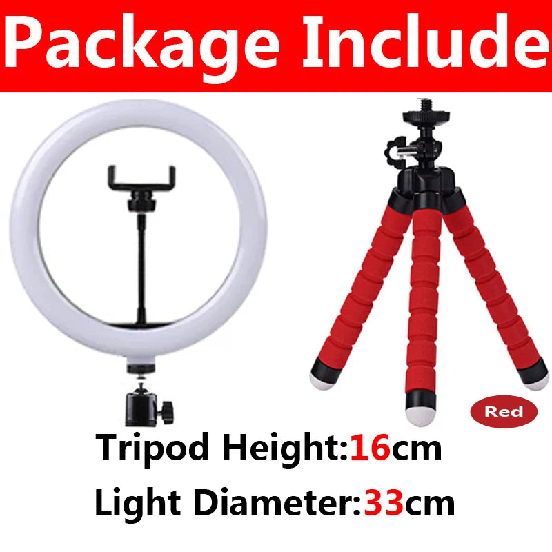 33cm ring light with phone mount and 16cm flexible red tripod for photography and video streaming.