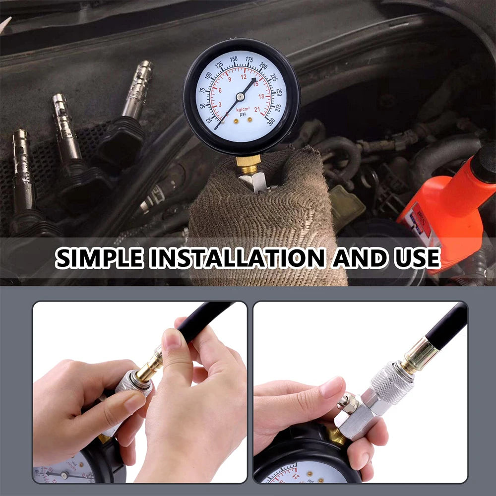 Podofo 8PCS Petrol Engine Cylinder Pressure Gauge 0-300PSI Automotive Compression Tester with Adapters for Vehicle Motorcycle