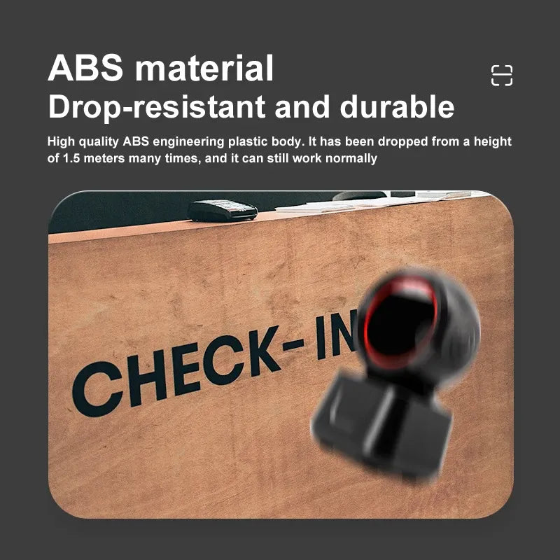 Durable ABS desktop barcode scanner with check-in style branding on surface