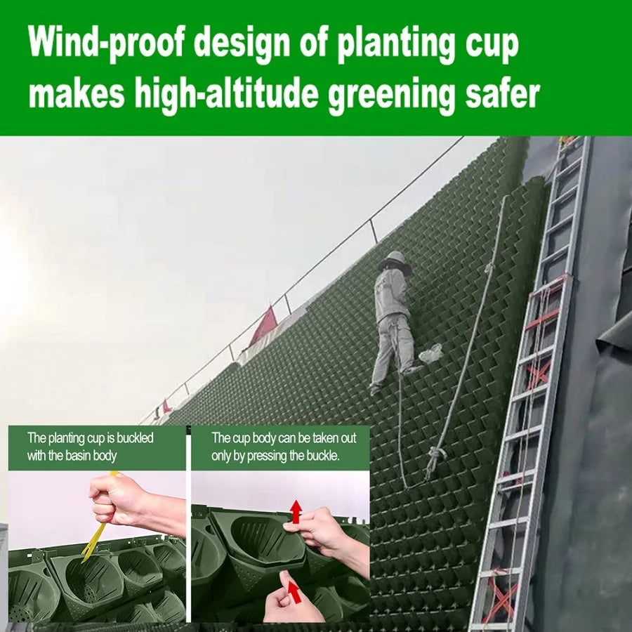 Green vertical garden wall planter with stacked cup design and secure-fit handle