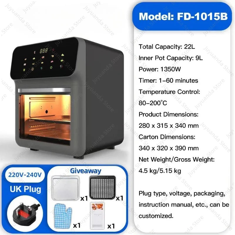 Black air fryer oven with digital control panel and transparent cooking window