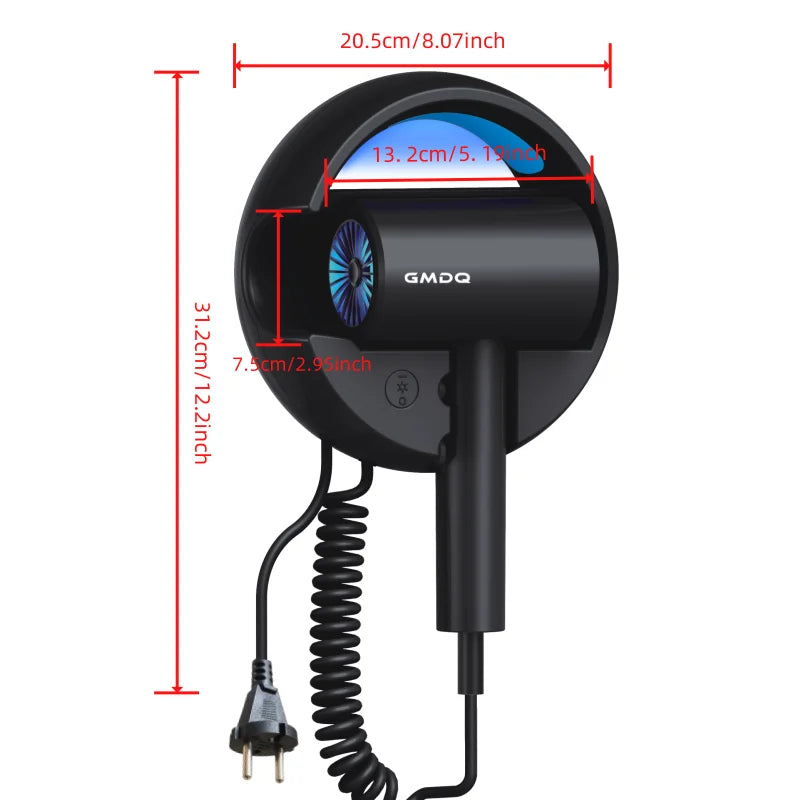 Black GMDQ wall-mounted 1800W hair dryer with blue light, coiled cord, and dimensions for home or hotel use.