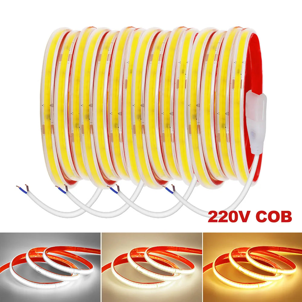 220V RA90 COB LED Strip Light Bright Waterproof Driver Build In 10cm Can Be Cut 240LEDs/M Flexible Adhesive Tape Home Decoration